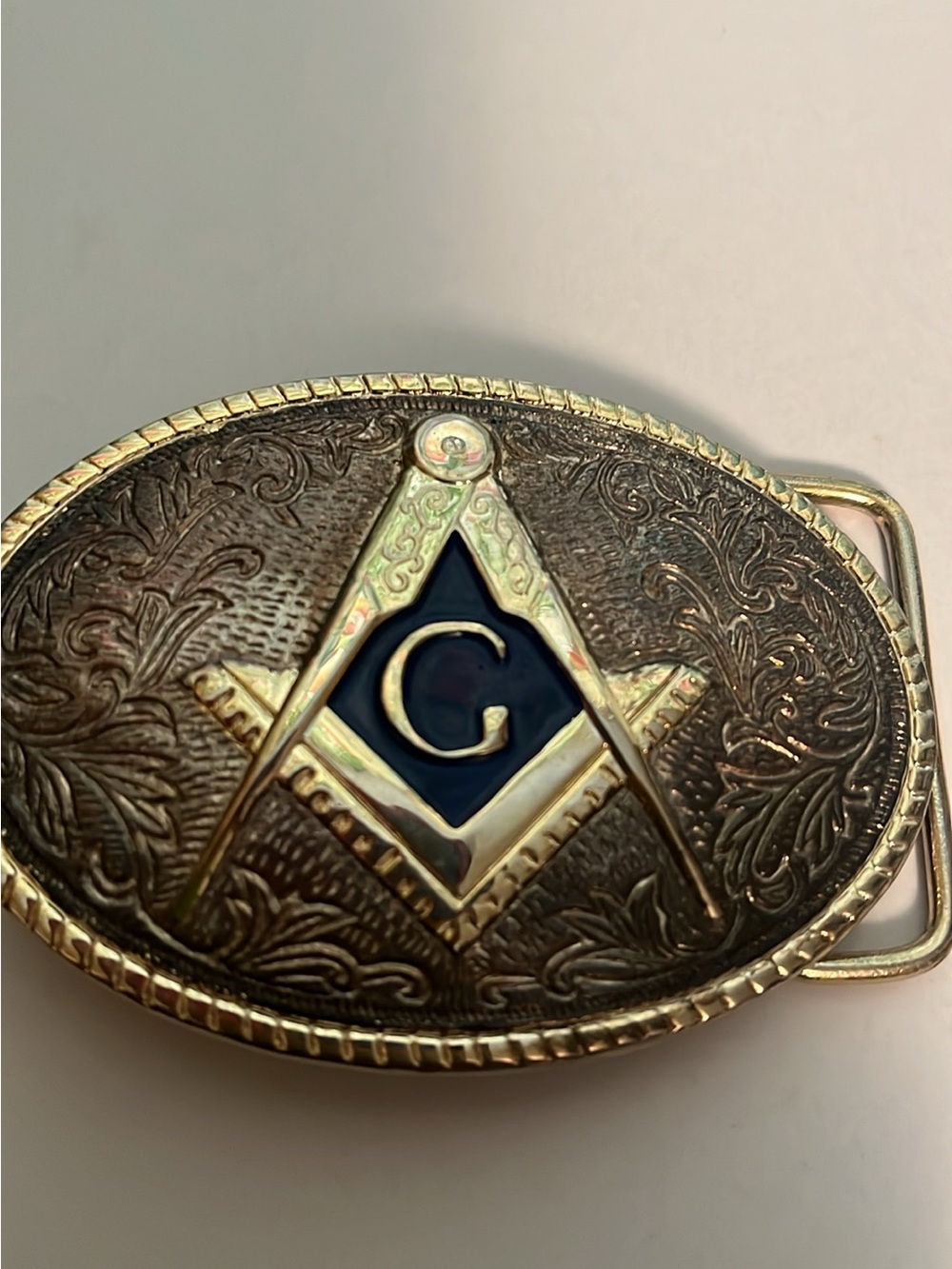 Gold-Tone Masonic Belt Buckle with Blue Inlay